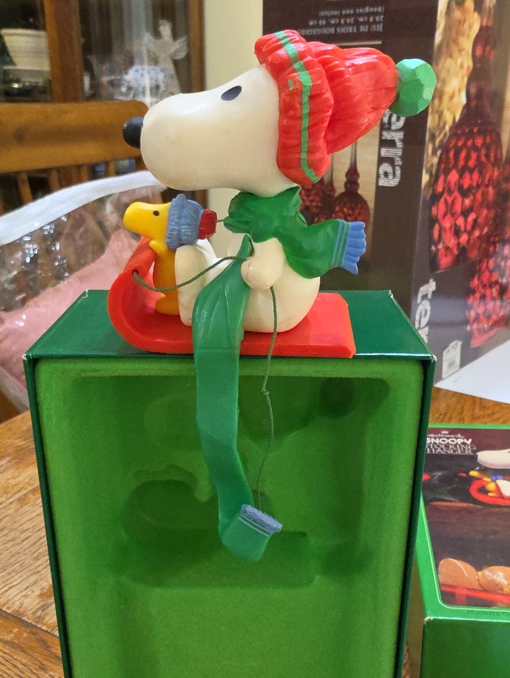1978 Vintage Hallmark Snoopy & Woodstock Red And Green Sled Stocking Hangar.